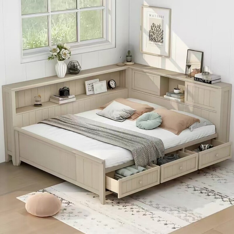 Full-Size Platform Bed Frame with Foldable Desk, Storage Headboard, and Bookshelf Storage