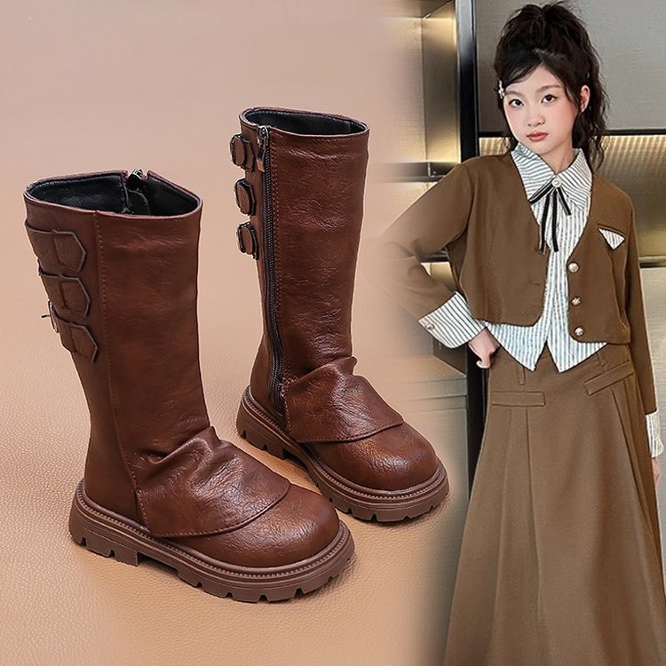 软皮版~女童鞋子儿童长筒长靴子2024秋冬季新款裤管高筒皮靴大童