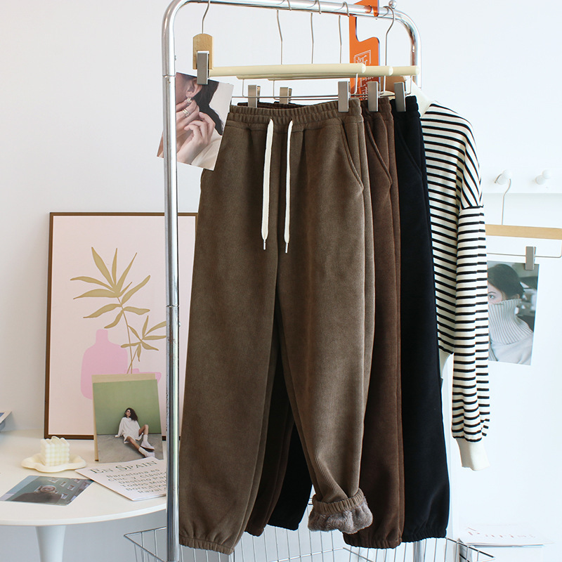 Thick warm ~ thick flannel corduroy sweatpants women's winter versatile closed sports casual fleece-lined sweatpants