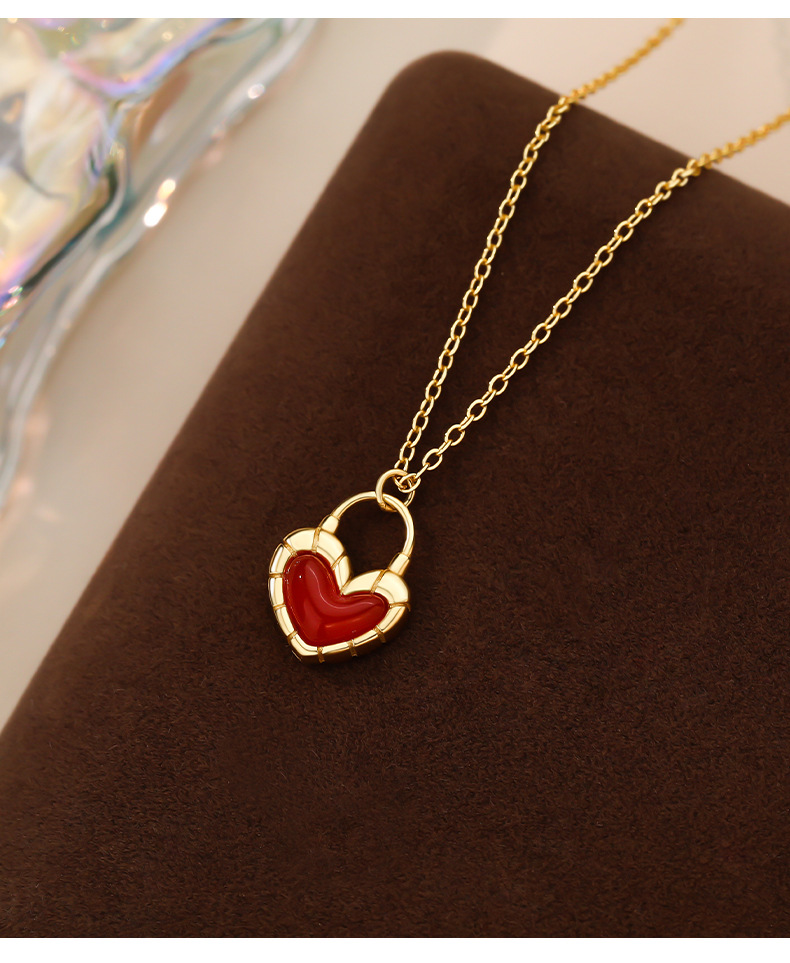 925 Sterling Silver Material Heart Shape Pattern 925 Sterling Silver Agate Inlay Heart Shape Pendant Necklace