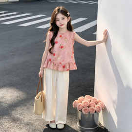 新中式国风童装2026夏季新款儿童无袖花边旗袍女童阔腿裤甜美套装