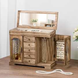 木质现货多层首饰盒家居卧室桌面带镜子戒指项链收纳盒珠宝整理盒