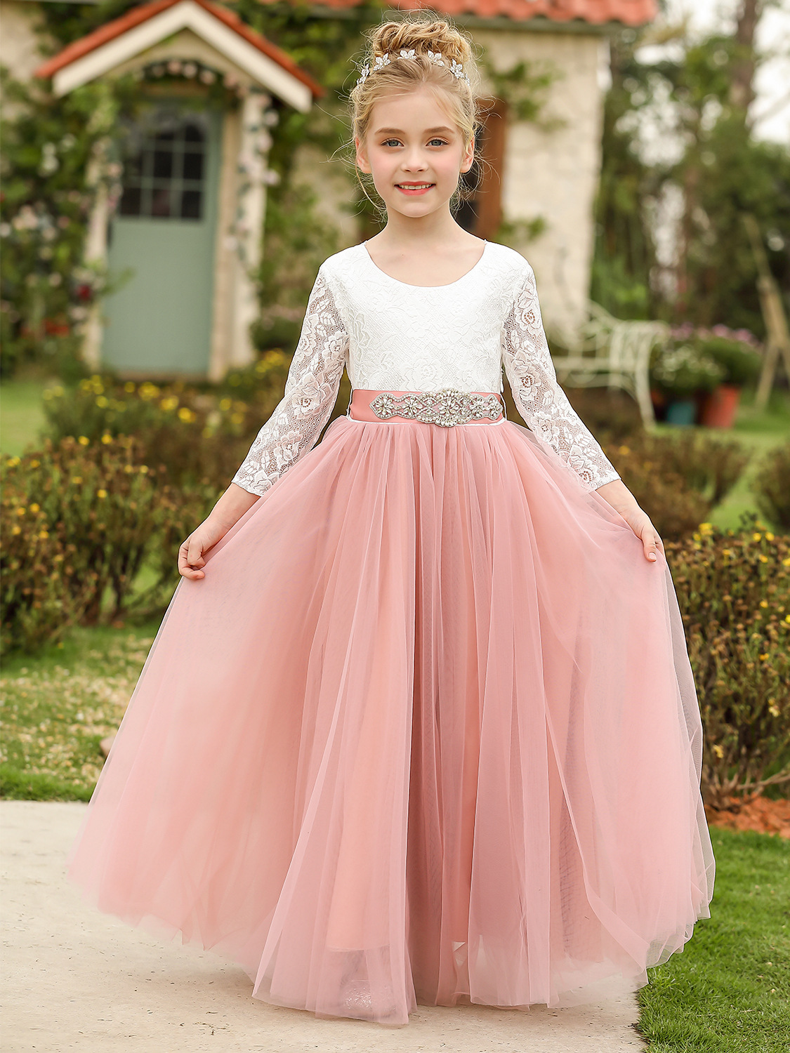 Nuevo vestido infantil europeo y americano, vestido de niña de las flores para bodas, vestido de encaje de manga larga para niñas, vestido de princesa para cumpleaños.