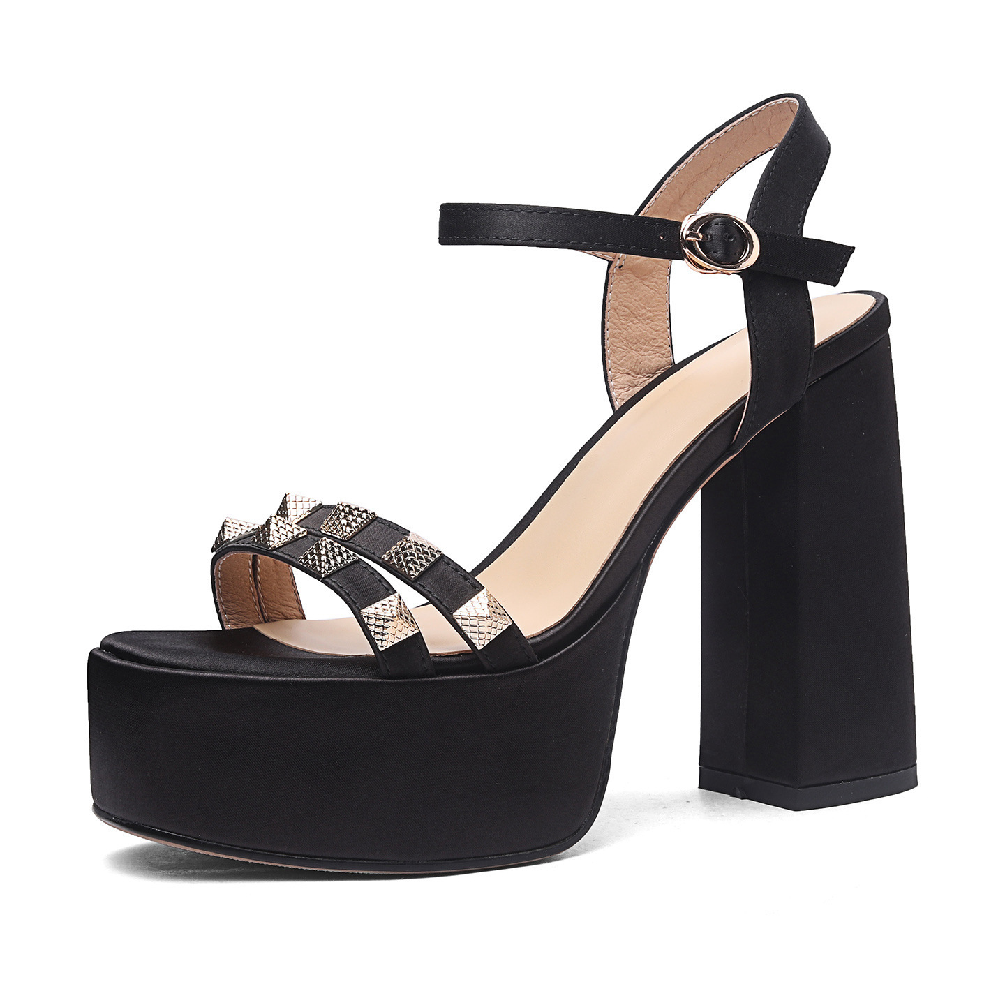 Sandal cao gót nữ hở mũi quai ngang khóa gót 12 cm đế dày — đen chi tiết 10