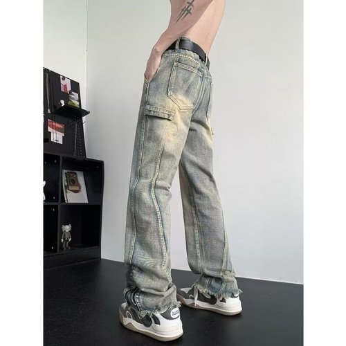 Selectively chosen American retro mud work jeans for men, summer design sense, niche pants, high street fashion brand, slightly tapered pants