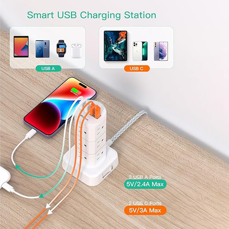 Enchufe plano de placa de alimentación con protección contra sobretensiones con 12 enchufes 4 puertos USB Cable de extensión de 1875W