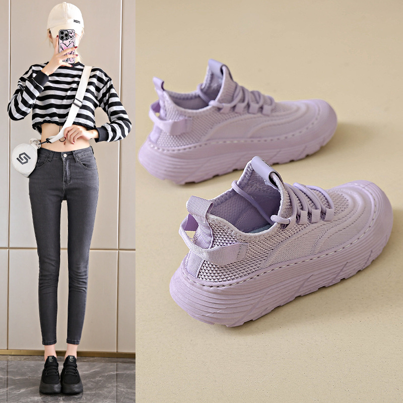 Tênis Flyknit respiráveis ​​para mulheres, primavera e outono, estilo Puma, moderno no Instagram, faz os pés parecerem menores, sapatos de pai para o verão.