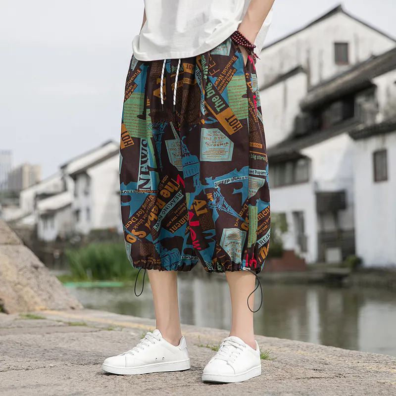 Southeast Asia Cross-Border Men's Large Size Over-The-Knee Cropped Pants Summer Loose Printed Casual Slimming Look Beach Cropped Shorts