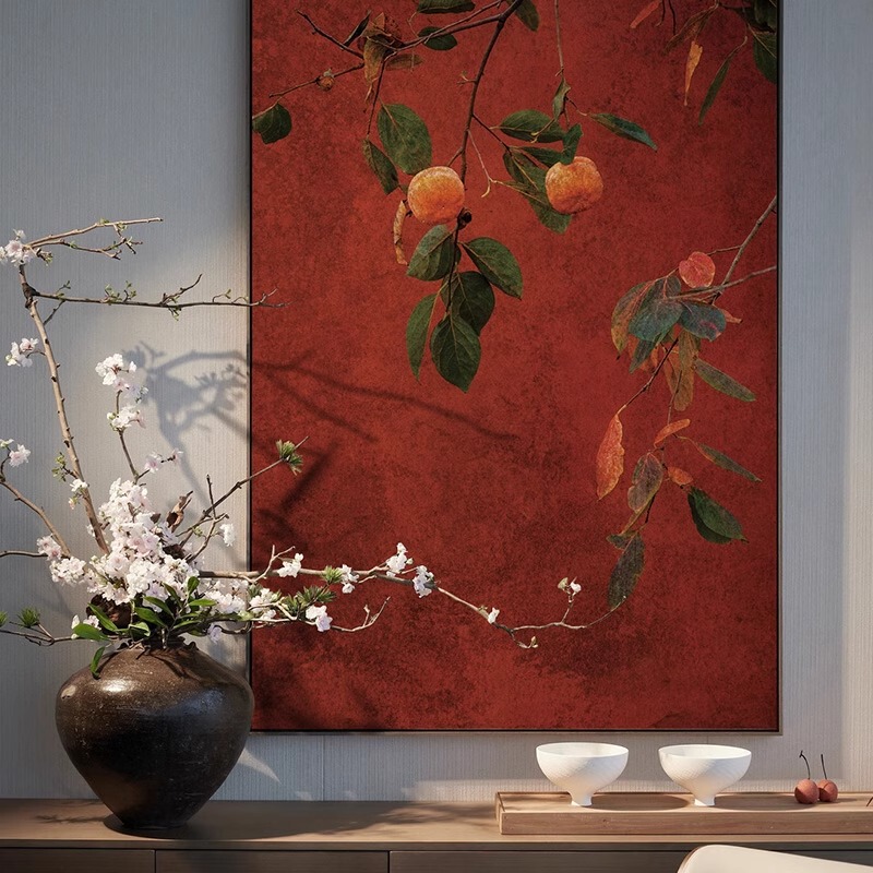Red Decorative Painting with Persimmon Motif for Entrance, Symbolizing Good Fortune, New Chinese Style for Living Room, Dining Room, Tea Room, Wabi-Sabi Guesthouse Decoration