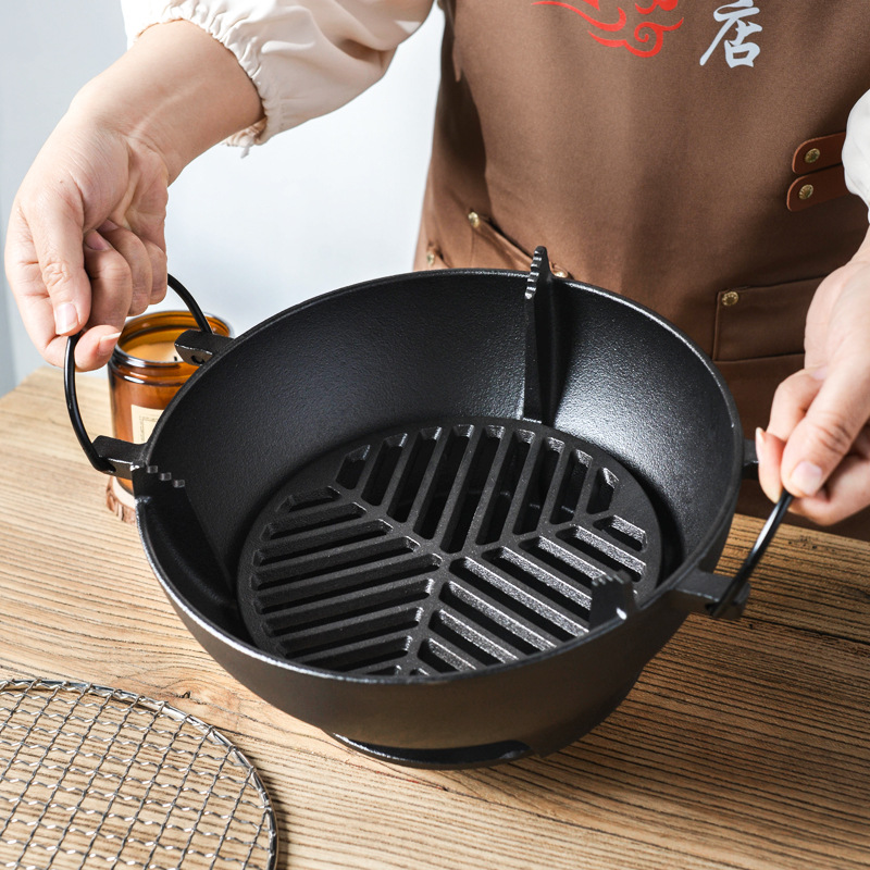 Small Happiness BBQ Grill for Home, Meat, Tea Cooking, Round Wood Charcoal Outdoor Multi-functional Grill