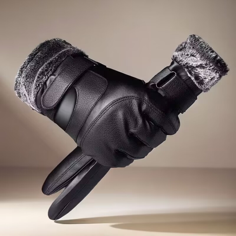 秋冬季加厚加绒防寒保暖手套户外骑行滑雪可触屏PU皮革分指手套|undefined