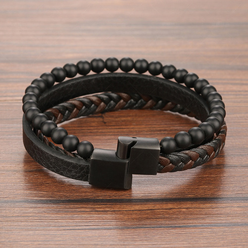 Cross-border new arrival: Natural Scrub Beads, Stainless Steel Leather Bracelet, Titanium Steel Men's Jewelry, Beaded Accessories—Elegant European & American Style