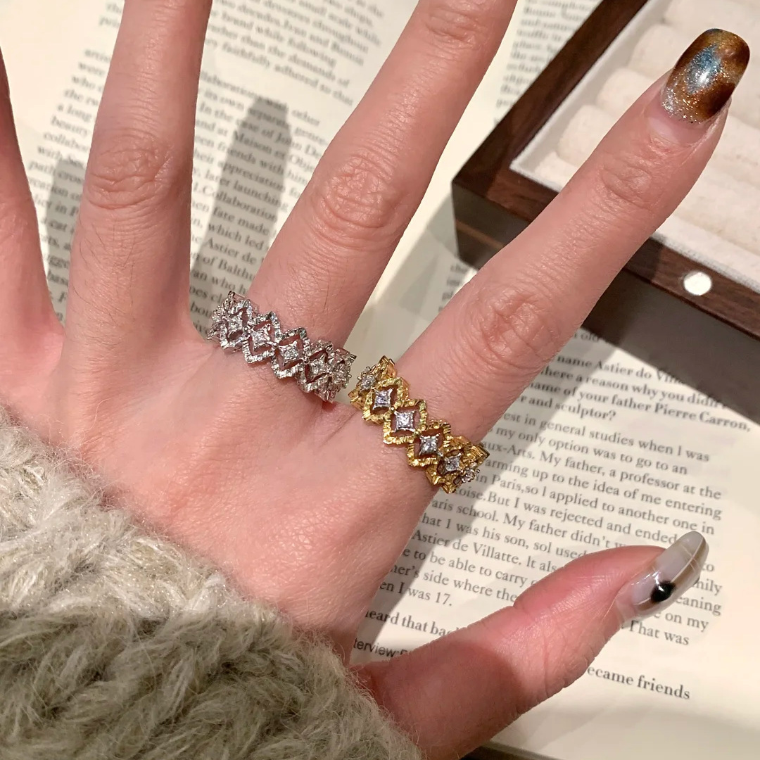 Italian Bucci-Style Lace Ring, Vintage Brushed Diamond Pattern Gold Ring with Diamonds