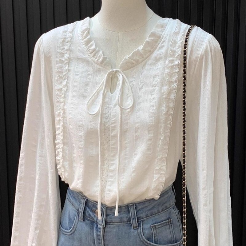French Style V-Neck Lace White Shirt for Women Spring New Chic Long-Sleeved Top Ins Off-White French Style V-Neck Lace White Shirt for Women Spring New Chic Long-Sleeved Top Ins Off-White