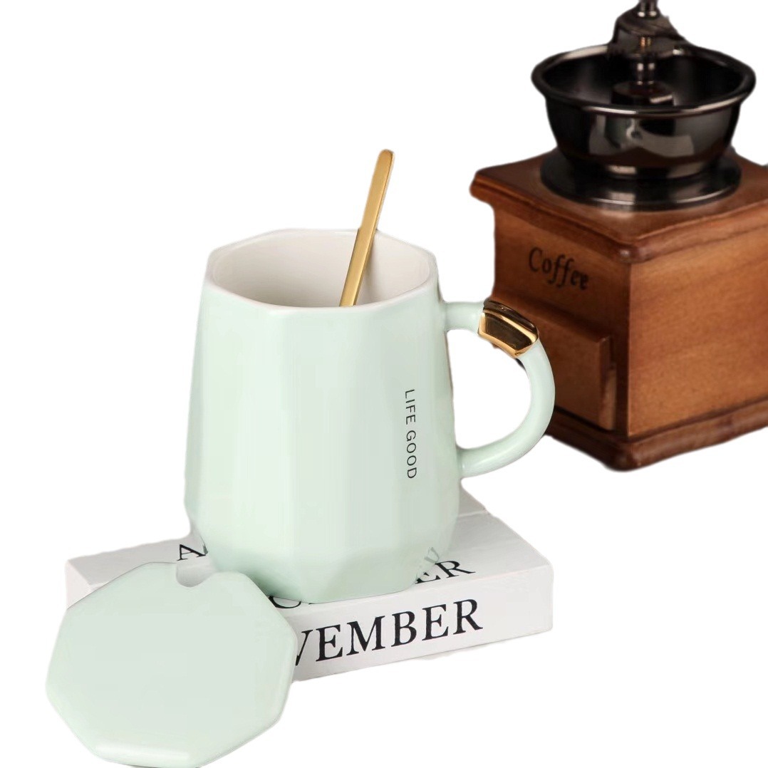 Estilo nórdico creativo ins taza geométrica con tapa cuchara regalo Oficina de agua taza cerámica café