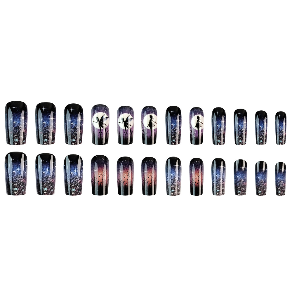 Viento gótico viento negro púrpura estrella lleva uñas silueta de viento oscuro elfo manicure 24 piezas de un sentido avanzado de fantasía manicure falsas