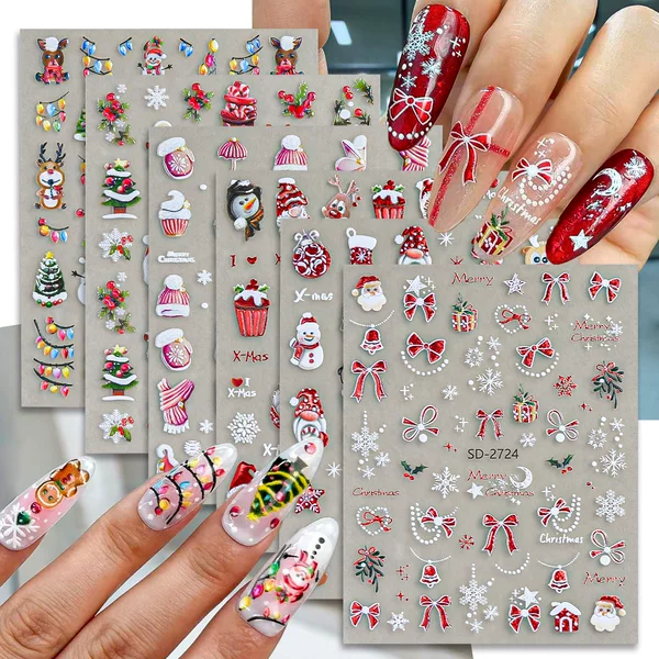Foreign Trade Christmas Nail Stickers Cartoon 3D Snowflake Stickers Laser Glitter Red Santa Claus Nail Decals