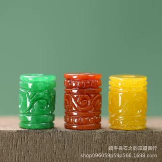 干青翡翠雕刻圆桶珠雕花路路通11*15mm散珠diy文玩手链项链隔珠