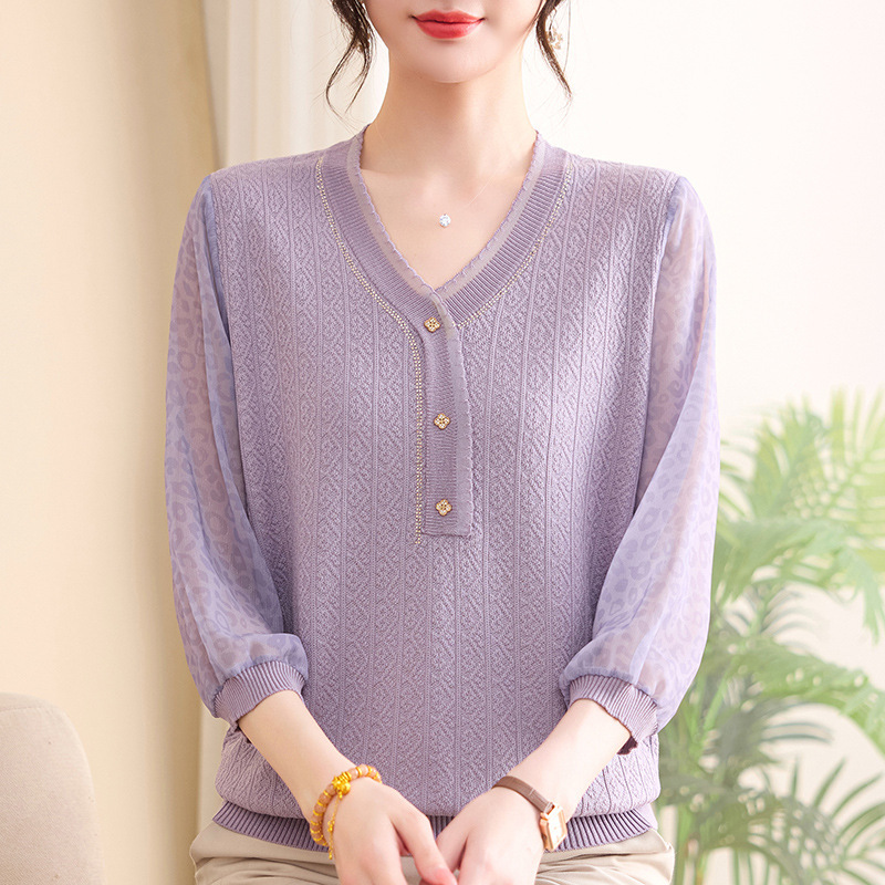 Mother's Day Spring Thin V-neck Blouse 2026 New Style Middle-aged Women's Summer Age-Reducing Knit T-shirt