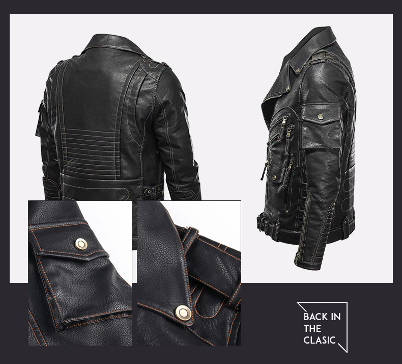 Men's Clothing PU leather jacket multi pocket zipper leather jacket men's autumn and winter punk jacket_voghion.com