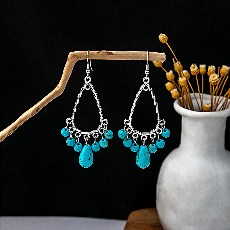1 Pair Casual Retro Geometric Beaded Alloy Turquoise Drop Earrings display picture 27