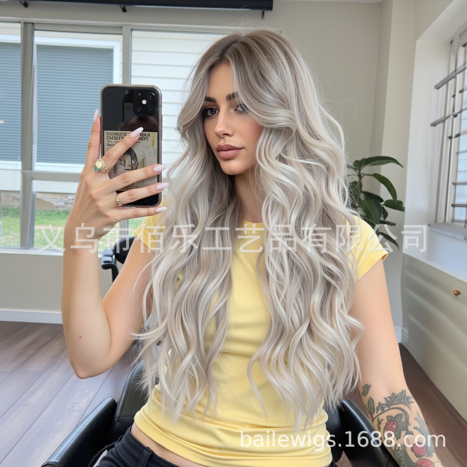 Pelucas de oro platino con pelucas largas frises, cabello de fibra química, cabello de mujer transfronterizo, Europa y Estados Unidos, al por mayor.