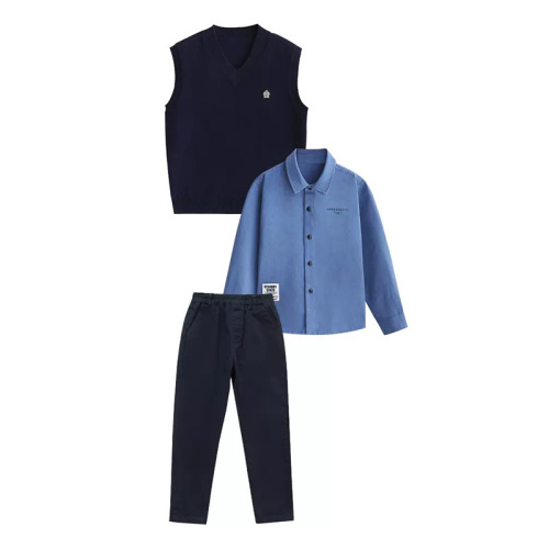 Boys' Spring and Autumn Set 2024 New Children's Middle and Large Children's Stylish College Style Long Sleeve Shirt and Vest Three-Piece Set