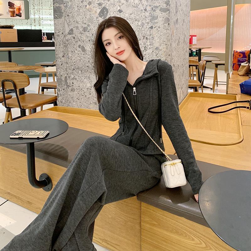 深灰色休闲运动套装春季新款女装高级感气质减龄时尚阔腿裤两件套|undefined