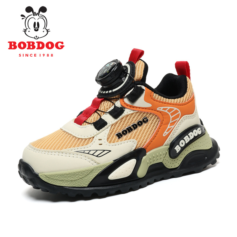 Babu Bean zapatos para niños primavera y otoño 2025 nuevo botón giratorio zapatos de niños de tamaño medio y grande malla transpirable zapatos deportivos para niños