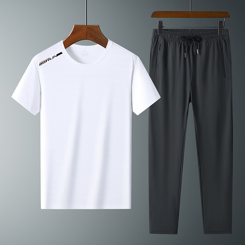 Moda pantalones de seda de hielo cuello redondo Camiseta de dos piezas para hombres talla grande suelta de secado rápido traje deportivo LOGO se puede formular