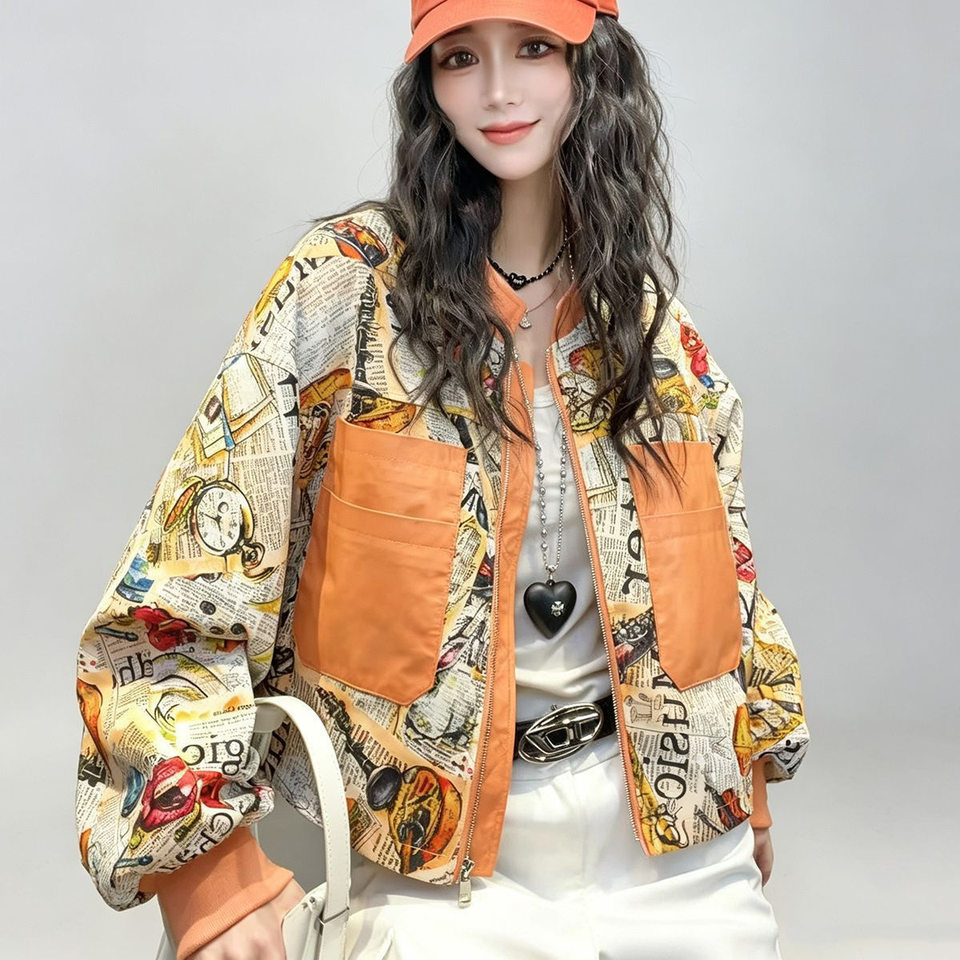 Áo khoác cardigan nữ dáng rộng họa tiết retro in 3D cổ đứng khóa kéo — Màu cam, Màu hồng