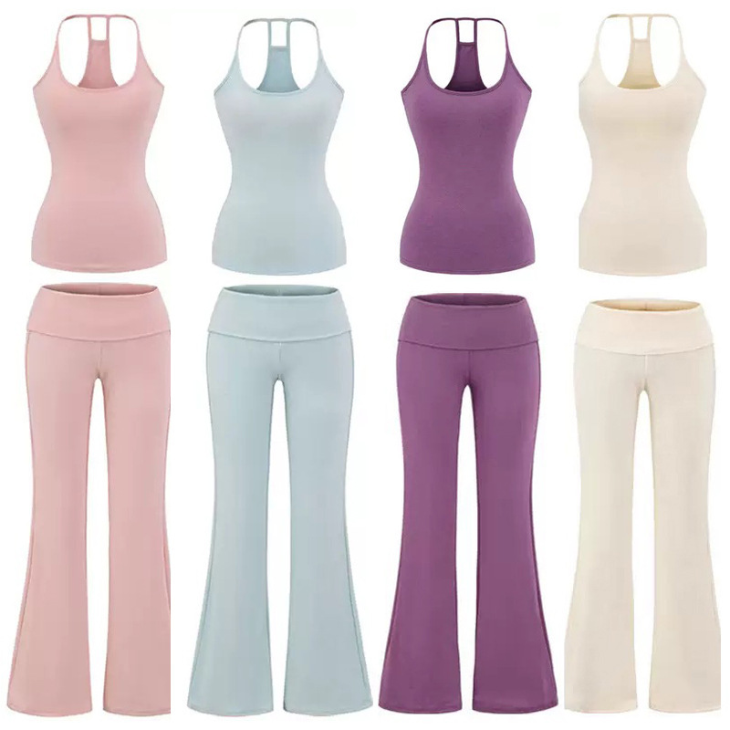 European and American Cross-Border Yoga Outfit Set for Women with Chest Pads, Naked-Feel Sports Tank Top, High-Elastic Peach Butt-Enhancing Fitness Flared Pants European and American Cross-Border Yoga Outfit Set for Women with Chest Pads, Naked-Feel Sports Tank Top, High-Elastic Peach Butt-Enhancing Fitness Flared Pants