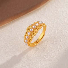 蕾絲花邊珍珠戒指女皇冠小眾古法沙金開口花絲設計時尚高級感指環