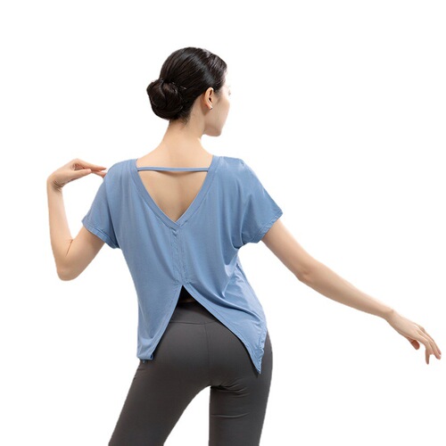 Yoga wear short-sleeved T-shirt women's summer beauty back slit blouse loose running sports fitness top dance practice clothes