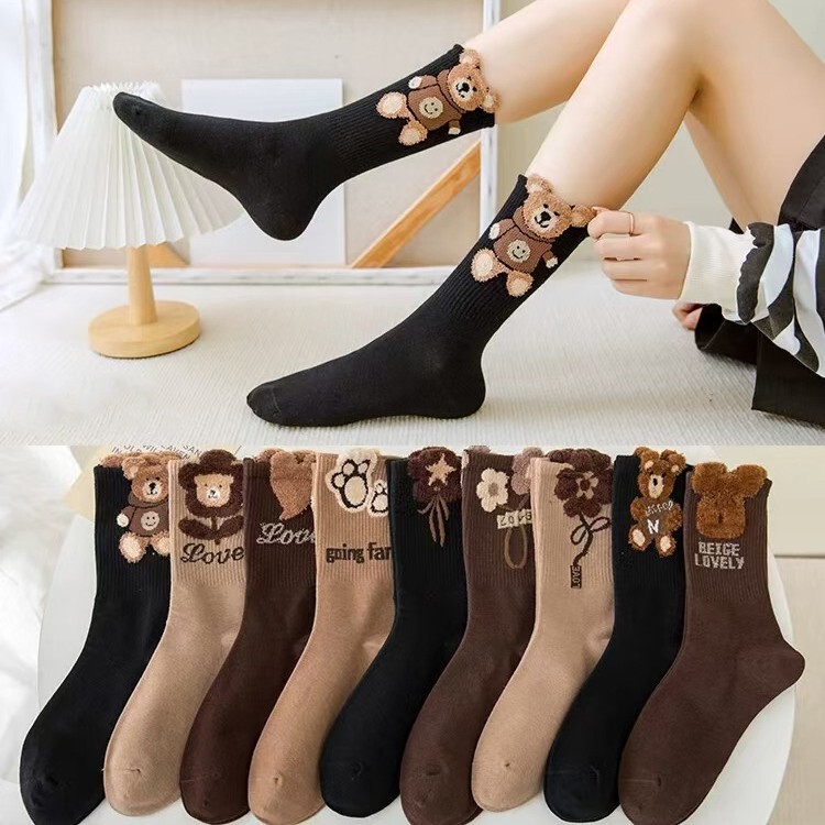Socks Autumn and Winter Women's Feather Yarn Bear Flocking Mid-length Socks Internet Popular Popular Student Stockings Trendy All-match Ins Japanese Style