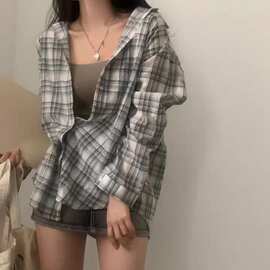 灰色格子防晒衬衫女薄款2026夏季新款韩系宽松慵懒风开衫外套上衣