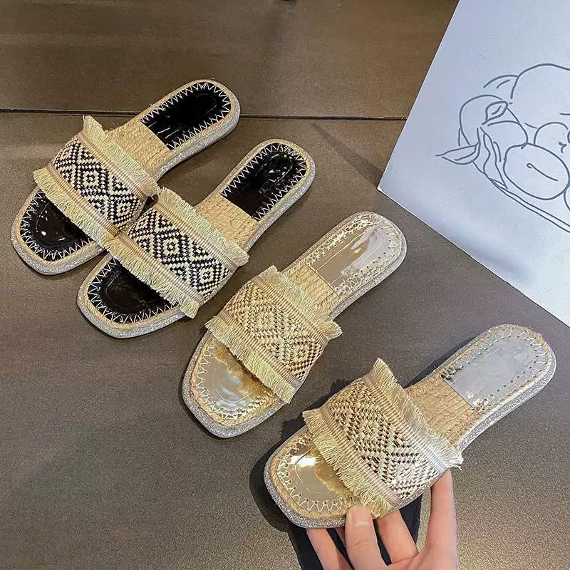Твидовые сандалии для женщин 2025, новые летние туфли в стиле феи, этнические плетеные плоские туфли, повседневные шлепанцы