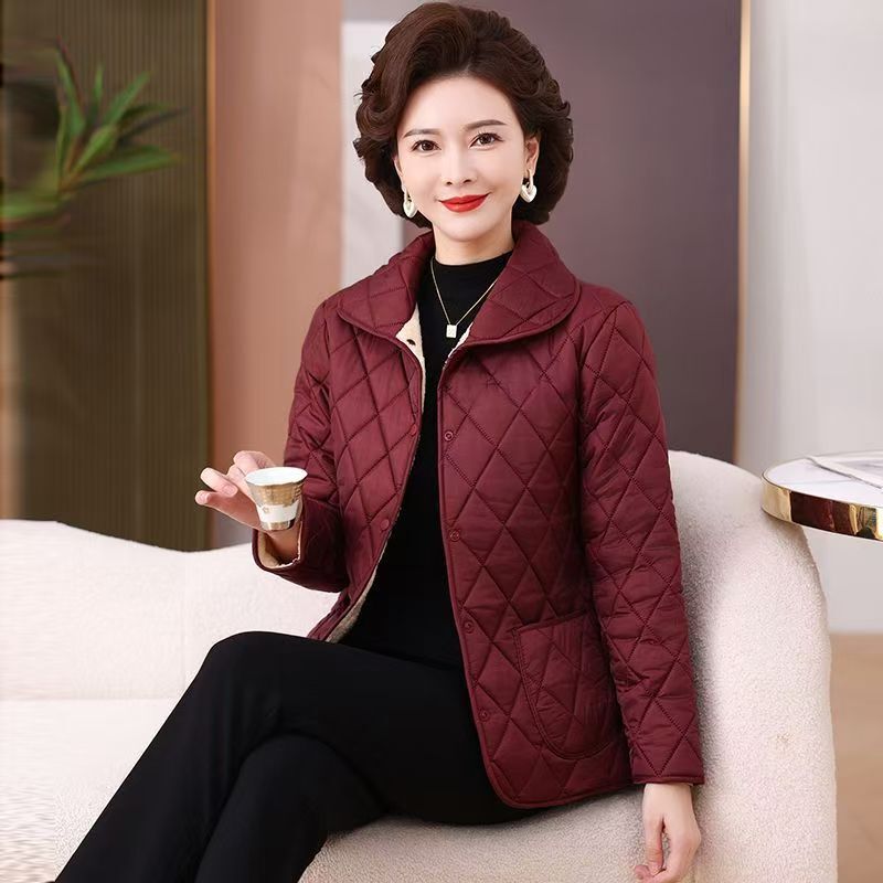 加厚保暖棉衣女娃娃领尼丝纺长袖外套冬季新款菱形格子加绒妈妈棉|undefined