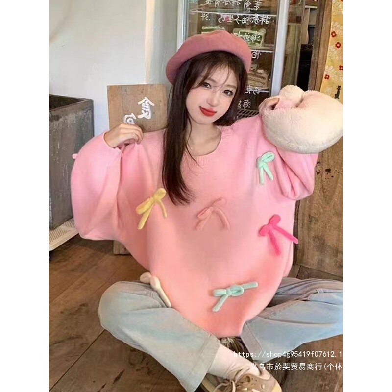 2026 Pink Three-Dimensional Bow Sweater, Sweet and Casual Style, Fashionable Round Neck Pullover