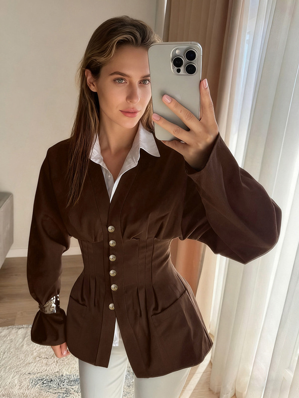 Fashionable and Simple French-Style Waist-Cinching V-Neck Shirt for Women, 2026 Autumn Design, Slim-Fit Brown Long-Sleeve Women's Blouse
