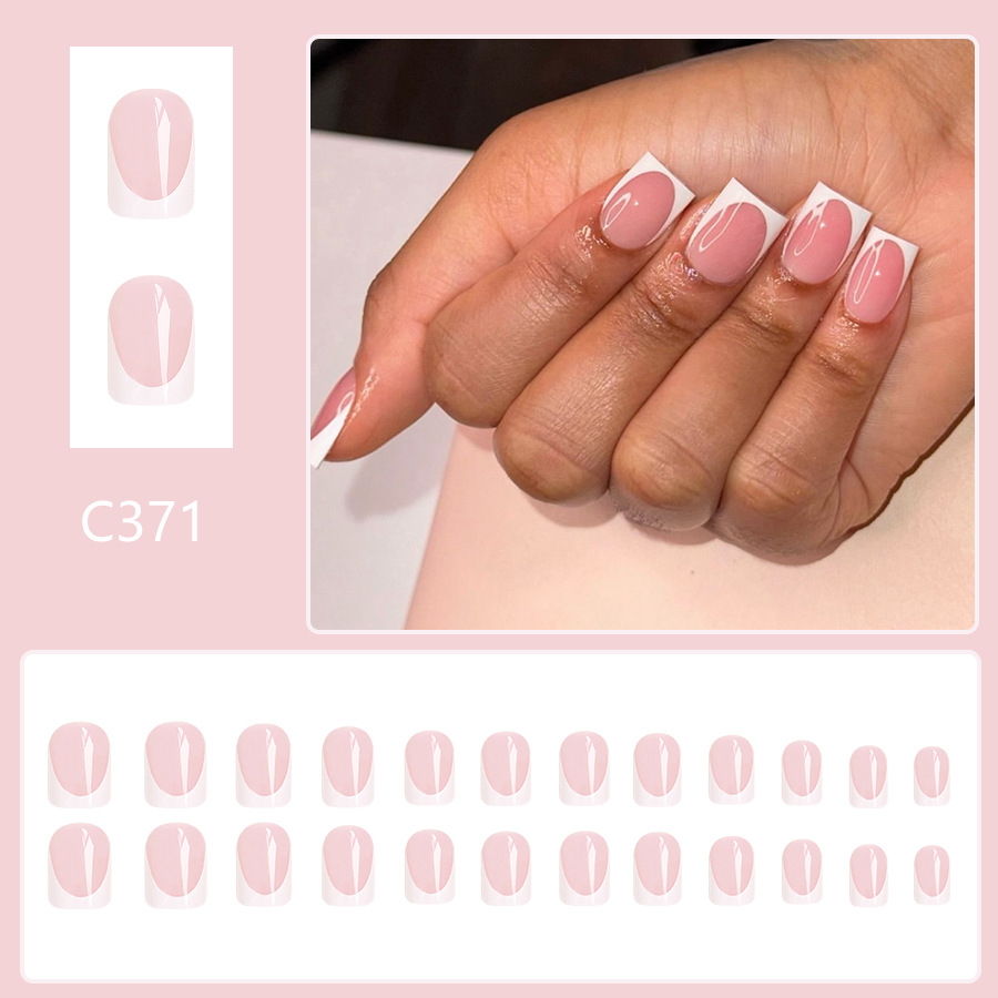 Unghie corte e lucide quadrate, semplici, rosa, bordo bianco, da indossare, unghie europee e americane, versatili ed eleganti, manicure da 24 pezzi_voghion.com