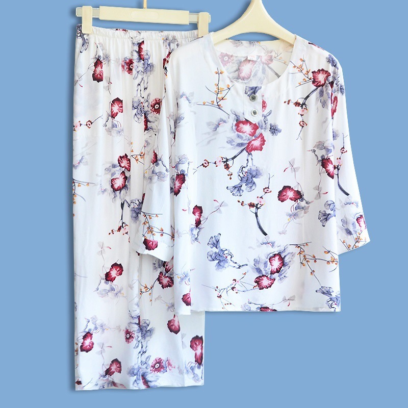 女性用綿シルクパジャマ、夏用薄手、中高年ママ、ゆったり綿シルクホーム服、七分袖お出かけスーツ|undefined