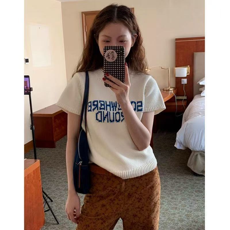 字母提花蓝色圆领短袖t恤女春夏甜辣妹设计感修身短款针织上衣|undefined