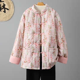 实拍2025秋冬新款新中式宽松大码女装胖MM显瘦盘扣保暖棉服袄外套