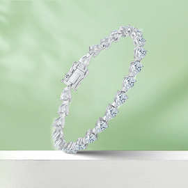 新款欧美满镶网球链S925银镀白金满镶50分梨形莫桑钻手链厂家直销