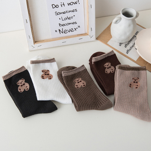 【Factory Wholesale】Cartoon Bear Socks for Autumn and Winter Hot Selling Mid-Calf Socks Street Stall Socks Elegant Bag Packaging