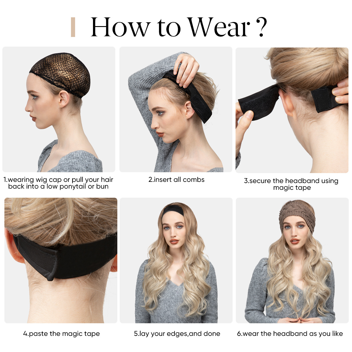 Perruque synthétique en laine pour femmes, cheveux longs bouclés, bandeau tricoté blanc, demi-casque, couverture de perruque en Fiber chimique, nouvelle collection_voghion.com