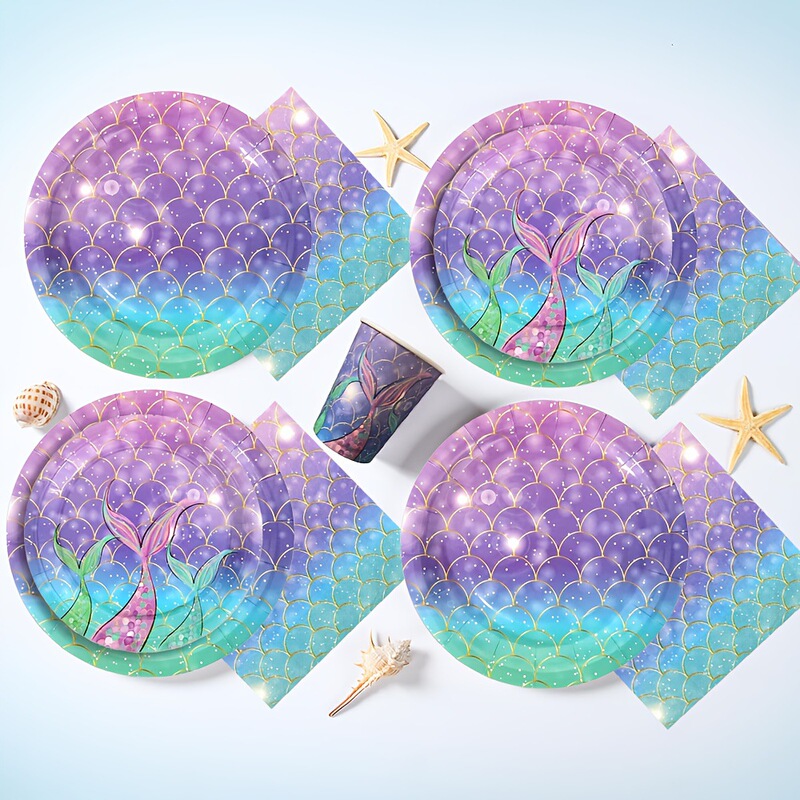 New Pink Purple Mermaid Fish Tail Fish Scale Disposable Tableware Paper Cup Paper Plate Paper Towel Knife Fork Spoon Birthday Arrangement Set New Pink Purple Mermaid Fish Tail Fish Scale Disposable Tableware Paper Cup Paper Plate Paper Towel Knife Fork Spoon Birthday Arrangement Set