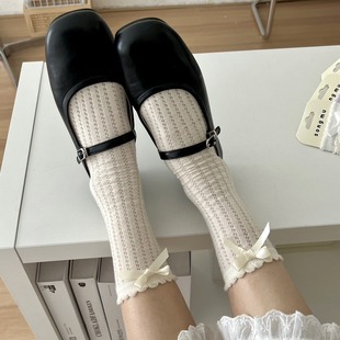 2024 Japanese Style Bubble Mouth Bow Mid-tube Socks Spring and Summer Thin Mesh Women's Cotton Socks Ballet Style Stacked Socks Thin