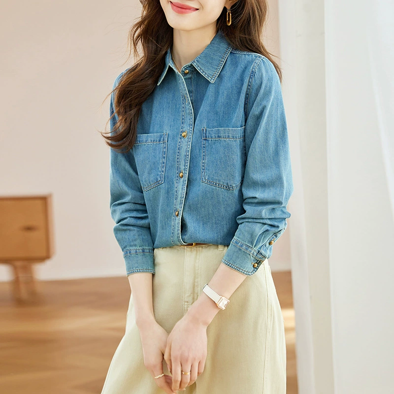Светло-голубой винтажный плечо мягкий джинсовый рубашка женский надел 2024 новый осенний гонконгский топ